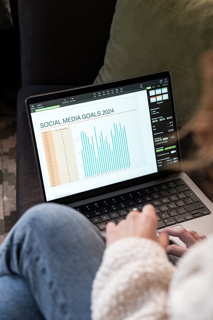 Woman reviewing 2024 social media goals chart on laptop indoors.